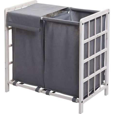 [NEUWERTIG] Wäschesammler HHG-582, Laundry Wäschebox Wäschekorb, Massiv-Holz 2 Fächer 60x60x33cm 68l shabby weiß, Bezug grau