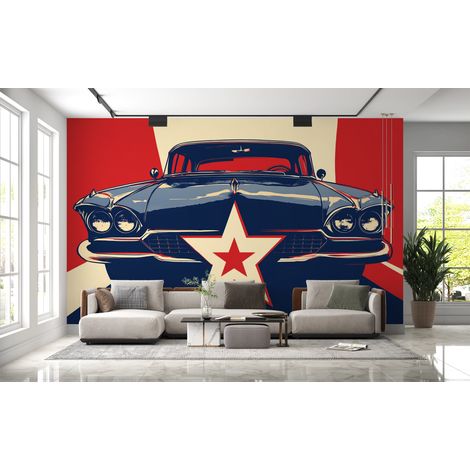 Papier peint voitures - voiture ancienne sur fond rouge et blanc - 150 x 250 cm (1/2)