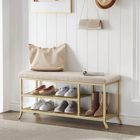 Banc D'entree Dore ,Meuble à Chaussures,Porte-Chaussures à 3 Niveaux,Rangement Avec Siège Rembourré, Cadre Métallique,100x32x 45CM (1/5)