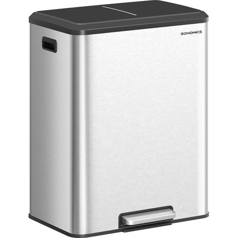 Poubelle de Cuisine, 2 x 30 L Poubelle Double pour le Recyclage et les Déchets Ménagers, Seaux Intérieurs, Acier Inoxydable, Fermeture Douce, Pédale, Argent Métallique LTB566E01 (1/5)