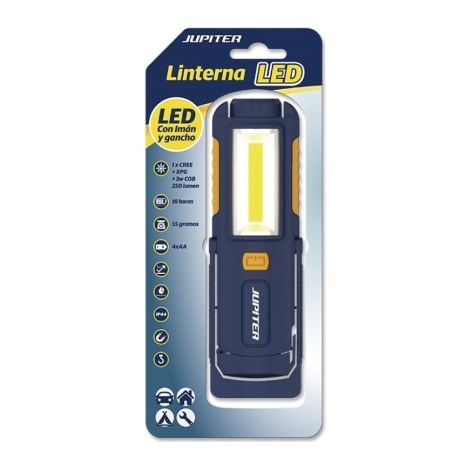 Jupiter linterna de trabajo led+cob 250lm - con iman y gancho - resistencia ip44 - funciona con 4 pilas aa (no incluidas) - color azul