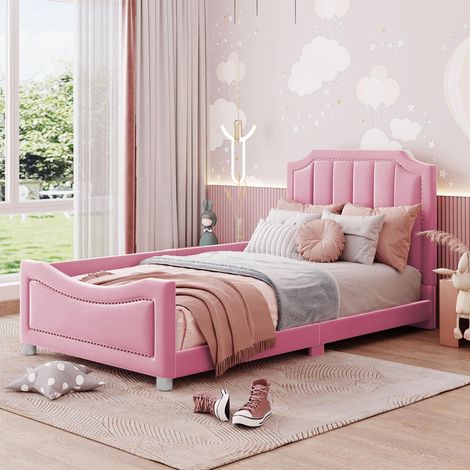 Lit enfant capitonné 90x200cm, canapé-lit, cadre de lit, flanelle, lit moelleux multifonctionnel avec dossier et accoudoirs, lit parent-enfant, lit junior, lit d'appoint, rose, garantie 2 ans (1/5)