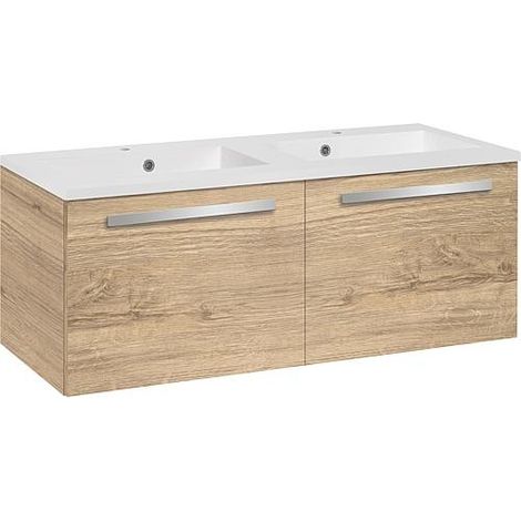 Meuble sous-vasque + vasque en fonte minérale EBLI 2 tiroirs, chêne cendré, 1210x494x510mm (1/2)