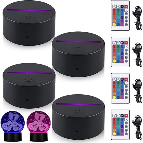 4 Pack 3D LED Night Light, LED Base with Remote Control and USB Cable, 7 Colors Adjustable 3D Light Base for Acrylic Glass, Illusion Lamp Decoration for Kids Room, Bedroom (1/5)