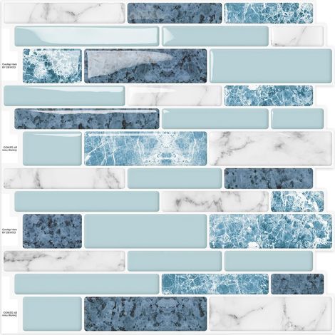 3d Relief Carrelage Adhesif Mural Credence Adhesive Cuisine 10 Pièces Autocollant,Bleu,Marbre Effet,Vinyle,Plastique,Salle de Bain,Washbasin,Buanderie,30.5x 30.5 cm (1/5)