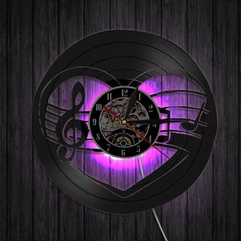 Horloge murale en vinyle musical - Horloge murale lumineuse LED avec notes de musique - Horloge en vinyle - Décoration murale pour salon - Cadeau unique pour les mélomanes (1/5)
