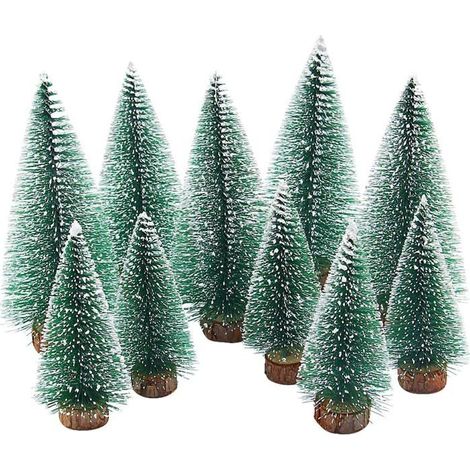 Miniatur-Künstlicher Weihnachtsbaum - 10er-Set - Holzfüße 10 und 15 cm - Schneeeffekt - Langlebiges PVC