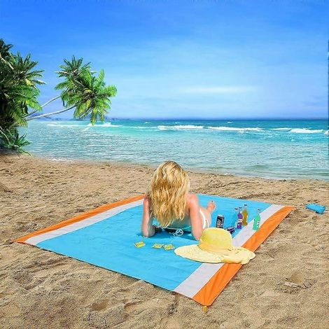 Tapis de plage imperméable et résistant au sable, couverture de pique-nique pliable et portable 250 x 200 cm avec 4 piquets pour activités de plein air (1/4)