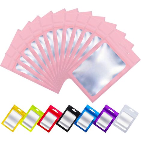 Sachet Zip Aluminium - 100 Pièces - Mylar et Plastique - Hermétique avec Fenêtre - Aliment et Bijoux - Rose 10,5x15cm (1/5)