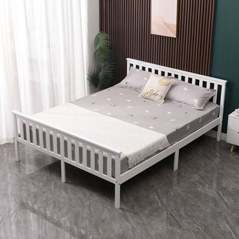 WestWood Double Bed Solid Pine Wood Frame With Footboard Wood Slat Support Bedroom White (1/5)