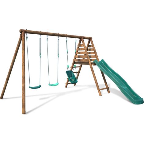 Portique bois rond 3 agrès avec toboggan ANKARA (1/5)