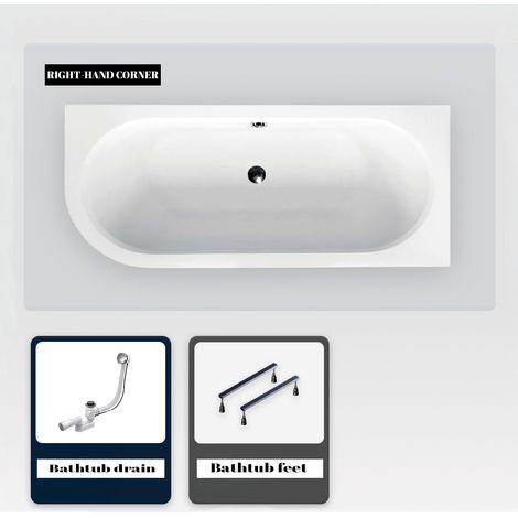 Asymmetrische Badewanne - 180 x 80 cm - Rechts - ohne Verkleidung - mit Füßen - Ablaufgarnitur Chrom - AVITA