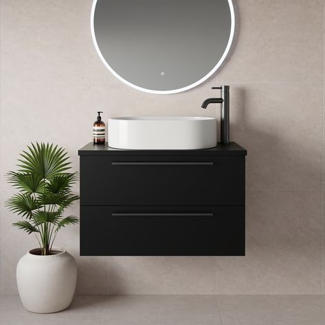 Napoli 390 Matt Black 800mm Wall Mounted 2 Drawer Vanity Unit for Countertop Basins - 800mm - Gunmetal Grey 480mm Handle