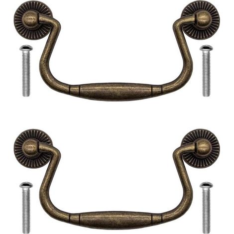 Ensemble de deux poignées de tiroir pliantes en bronze et fer forgé de style vintage, convenant aux portes d'armoires, coiffeuses, cuisines, buffets, etc. Style vintage rustique. (1/3)