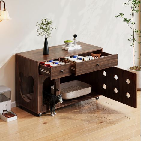 Mobile lettiera per gatti 100x45x66 cm in pannelli di legno marrone, salvaspazio FloraGrace (1/5)