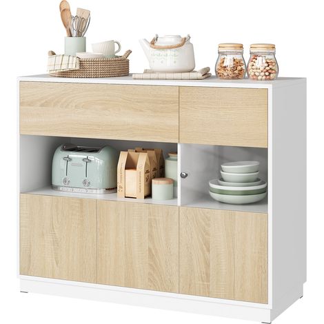 Woltu – Buffet en bois d'ingénierie 100x40x80 cm – 1 porte visible et 1 tiroir – Chêne clair et blanc – Meuble de rangement scandinave (1/5)