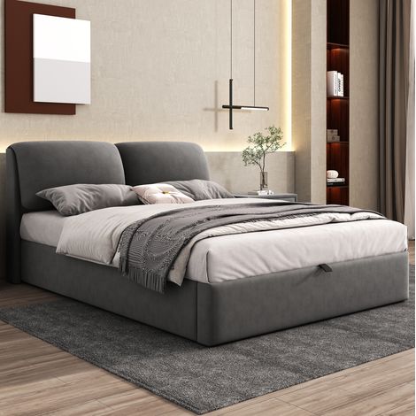 MEUBLIV Lit rembourré 140 x 200 cm avec rangement hydraulique trois tiroirs tête de lit réglable en velours gris (1/5)