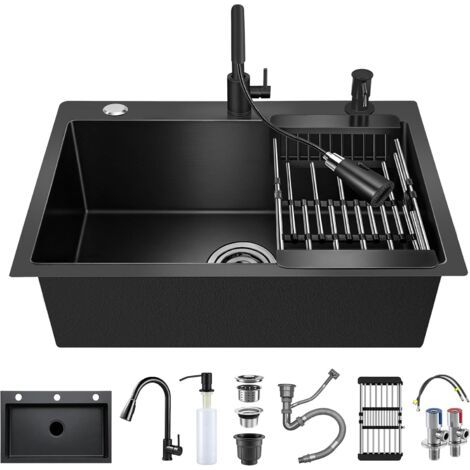 Black Stainless Steel Kitchen Sink – 1 Bowl 68x45 cm with Tap, Drainer and Soap Dispenser – Scratch Resistant PVD Finish – Complete Kit with Siphon and Overflow (1/5)