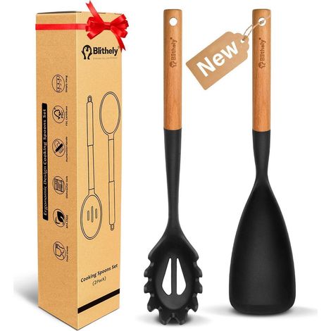 Silikon Kochlöffel & Nudelgabel Set 2er-Pack mit Holzgriff, Hitzebeständig