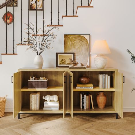 Buffet en Bois 160 cm, Style Vintage Rustique, Armoire de Cuisin,avec 4 Portes, Poignées et Pieds en Métal,  - Couleur Bois Naturel (1/4)