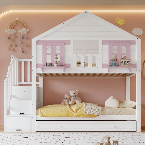 Lit superposé 90x200 cm bois et MDF blanc rose, gigogne, gain de place, sans matelas – MEUBLIV (1/5)