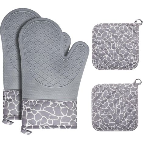 Lot de 4 Gants de Cuisine, 1 Paire Gants de Cuisine avec 2 Maniques Cuisine, Antidérapants Silicone Gant Cuisine Anti Chaleur pour BBQ, Cuisson au Four, Cheminée - Gris (1/5)