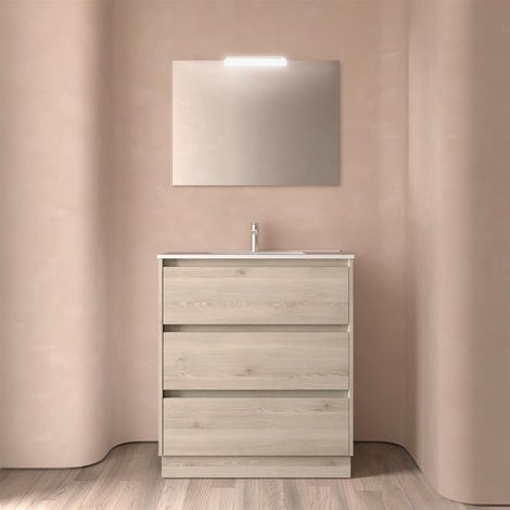 Meubles de salle de bain NOJA 800 3 tiroirs NATUREL + Plan vasque (1/2)