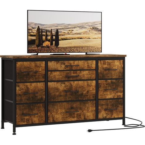 Commode de Chambre à 10 Tiroir en Tissu, Meuble TV Avec Station de Charge pour Salon, Chambre, Couloir, 121x39x70 cm Brun (1/5)