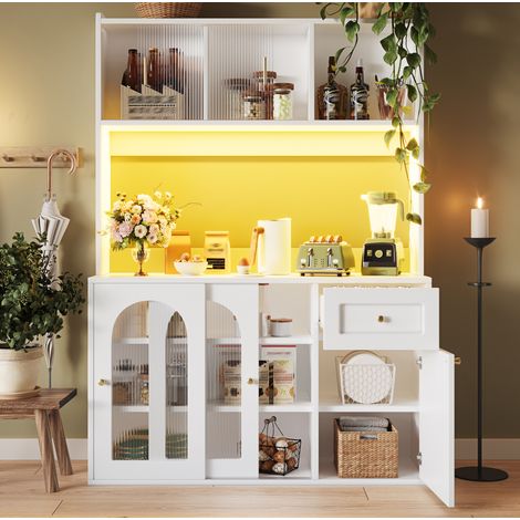 Credenza cucina 120x35x167 cm bianco in MDF e pannelli PB con ante scorrevoli in vetro, LED e ripiani regolabili (1/5)