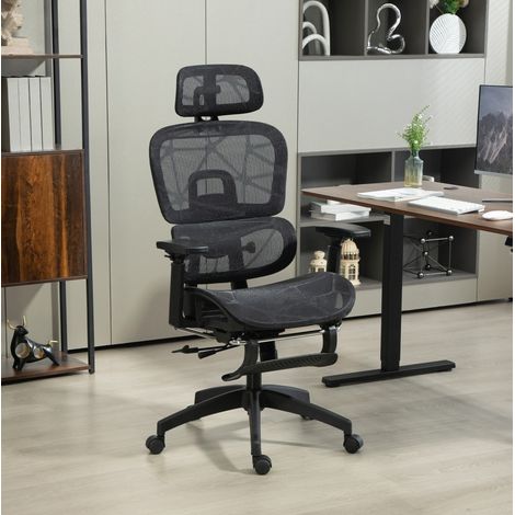 Silla de oficina ergonómica de malla negra con reposacabezas, soporte lumbar, reposabrazos regulables e inclinación 66x64x114-122 cm (1/5)