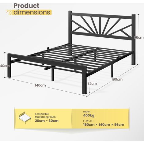 Klyvvo Lit métallique 140x190 cm Belle texture avec sommier à Lattes Structure en Maille métallique Charge maximale 400 kg tête de lit de 96 cm Espace de Rangement sous Le lit Matelas Non Extensible N