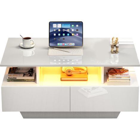 CHICFURN Mesa de centro 90x55x41 cm de aglomerado blanco, LED y 2 cajones (1/5)