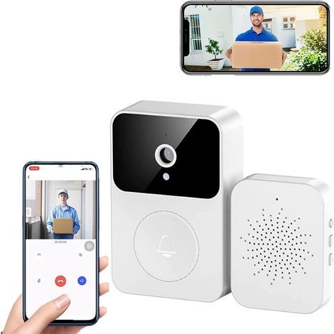 FENOPLASTICASonnette sans fil avec caméra de surveillance, caméra intelligente Wi-Fi, enregistrement vidéo, port USB-C, sonneries rechargeables multiples, compatible avec les smartphones Android et iP (1/5)