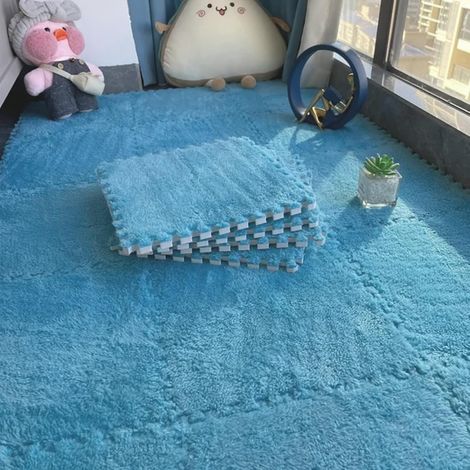 Lot de 10/20 dalles en mousse emboîtables, 30 x 30 cm, tapis en mousse pelucheuse avec bordure pour salon/chambre à coucher (10 pièces bleues) (1/5)