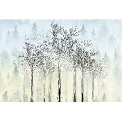 Papier peint panoramique aquarelle jaune & bleu motif arbre Tapisserie panoramique forêt idéale salon Papier peint panoramique couloir sapin & brouillard (1/3)