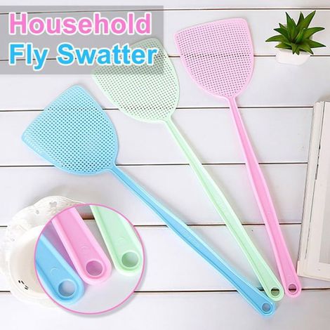 Lot de 3 tapettes à mouches en plastique avec manche allongé, surface en filet, pour la maison (1/2)