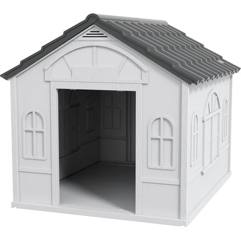 Wasserdichte Hundehütte aus Polypropylen mit schrägem Dach und Eingangstür, 84,2 x 98,2 x 82 cm, Grau