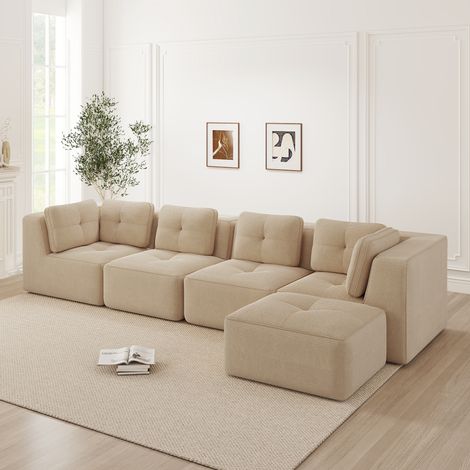 Canapé de salon modulaire sans ossature, canapé 4 places confortable avec assise profonde, coussins moelleux et revêtement en cord, pas de montage requis et avec design antidérapant, beige (1/5)