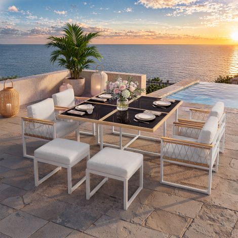 Cet ensemble de mobilier de jardin 7 pièces peut accueillir jusqu'à 6 personnes. Il comprend un plateau de table en verre trempé avec des accoudoirs en WPC, parfait pour une utilisation sur une terras (1/5)