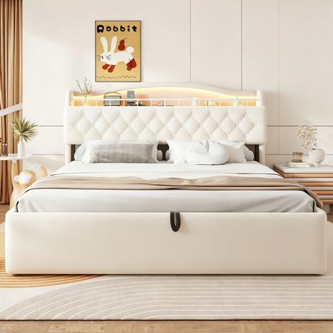 Lit capitonné 180 x 200 cm avec rangement hydraulique, revêtement en velours, éclairage LED intégré à la tête de lit, ports de chargement USB et USB-C, espace de rangement dans la tête de lit et sommi (1/4)