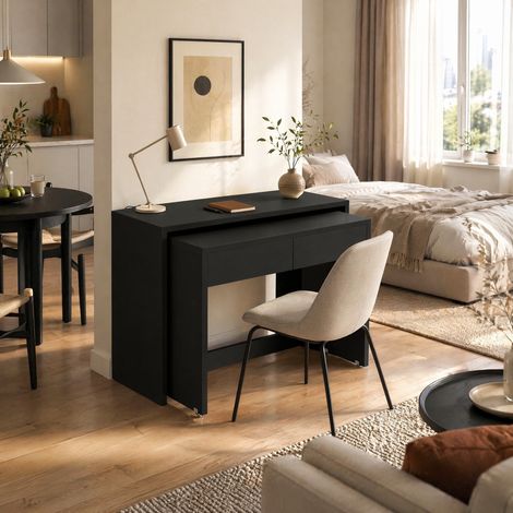 Escritorio 2 en 1 plegable y extensible con cajones y ruedas 110x40x78 cm negro (1/5)