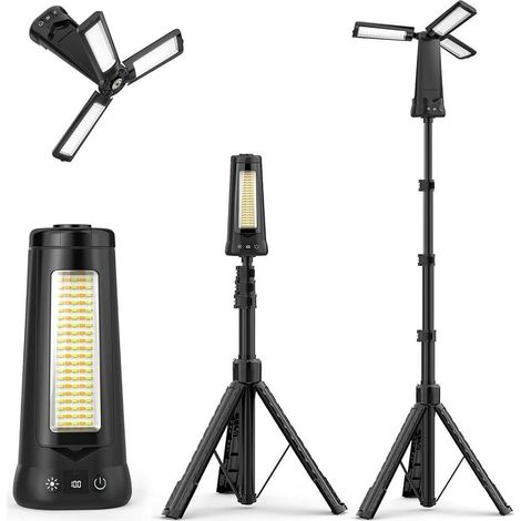 9000mAh Projecteur de Chantier LED Rechargeable avec Trépied, 1927LM Lampe de Camping à 3 Têtes,(noir), Étanche IP65, 4 Mode, Lampe de Travail Réglable pour Atelier, Garage, Construction (1/5)