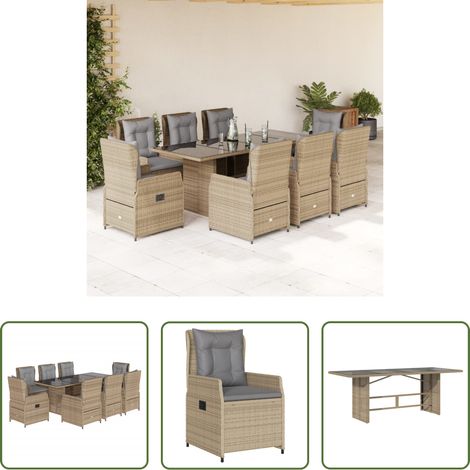 Gartentisch - 9-tlg. Garten-Essgruppe mit Kissen Beige Poly Rattan (1/5)