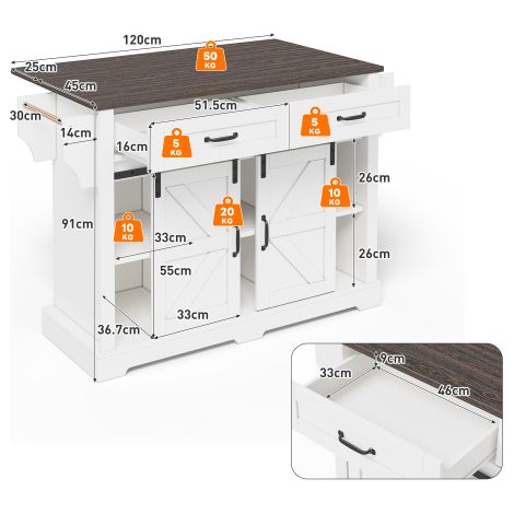 Îlot de cuisine avec plan de travail à abattant  Desserte de cuisine sur roulettes  Meuble bas avec 2 portes coulissantes et 2 tiroirs  Style « Porte de grange » — Blanc  Unité de rangement pour cuisi
