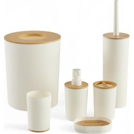 Ensemble de 6 accessoires de salle de bain - TODAY - UTILITY - Distributeur de savon, gobelet, porte-brosse à dents, porte-savon, brosse WC, poubelle - Blanc (1/4)