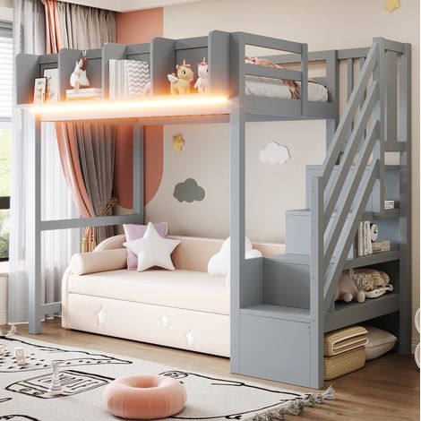 Cama alta 252.5x95x170 cm, con barrera de seguridad, estantes integrados, iluminación LED, madera gris (1/5)