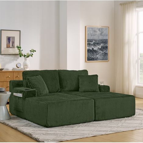 Canapé-lit relax 2 places en tissu côtelé vert avec poche latérale et porte-gobelets (1/5)