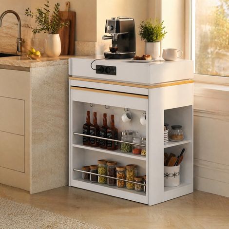 DESMIU Desserte de Cuisine Extensible avec 1 Tiroir, Étagères Réglables, Prises et Roulettes pour Cuisine 83 × 46 × 96 cm (1/5)