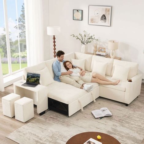 Canapé D'Angle 222x205x88cm 4 Places Beige Chenille Coffre - Canapé Convertible - Ports USB, Porte-gobelets, 2 Poufs Inclus (1/5)