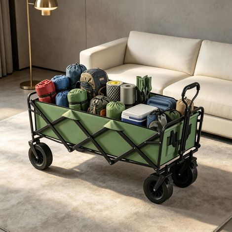 Chariot de jardin repliable 130L à roues, benne robuste freinée, poignée ajustable pour transport pratique (1/5)